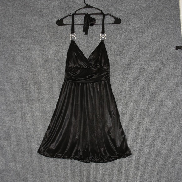 Trixxi Dresses & Skirts - Trixxi Women's Black Halter Dress Rhinestone Rings Gathered Waist A Line Size S